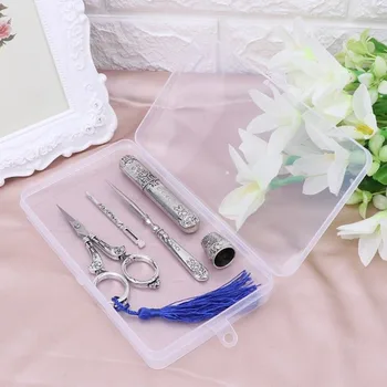 

High Sewing Scissors Set Vintage Embroidery Tool Alloy Awl Threader Thimble Needle Case Kit LG66