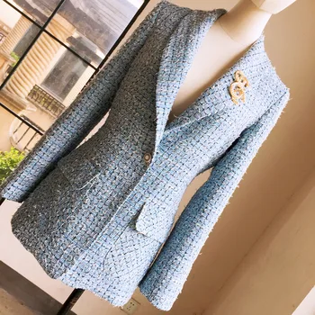 

[No badge] 2019 Spring Autumn Women Brand Blue Plaid Shawl Collar Blazers Coats One Button Female Elegant Tweed Blazer Y288