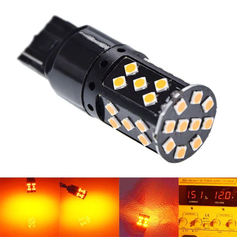 

2Pcs T20 7440 W21W Canbus No Error No Hyper Flash Amber Orange Yellow LED Car Front Rear Turn Signal Light Bulb Lamps