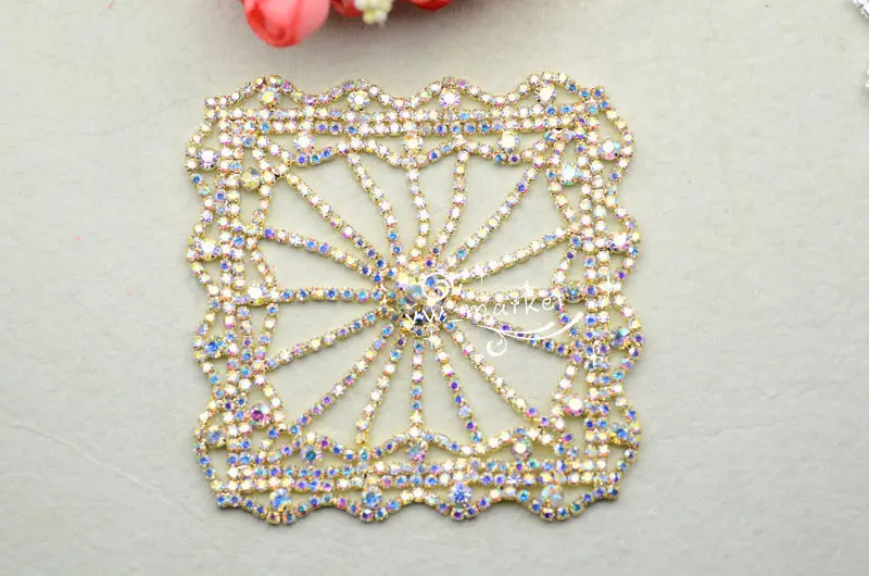 Fancy Square Bridal Sew On Dress Applique gold AB Crystal Rhinestone