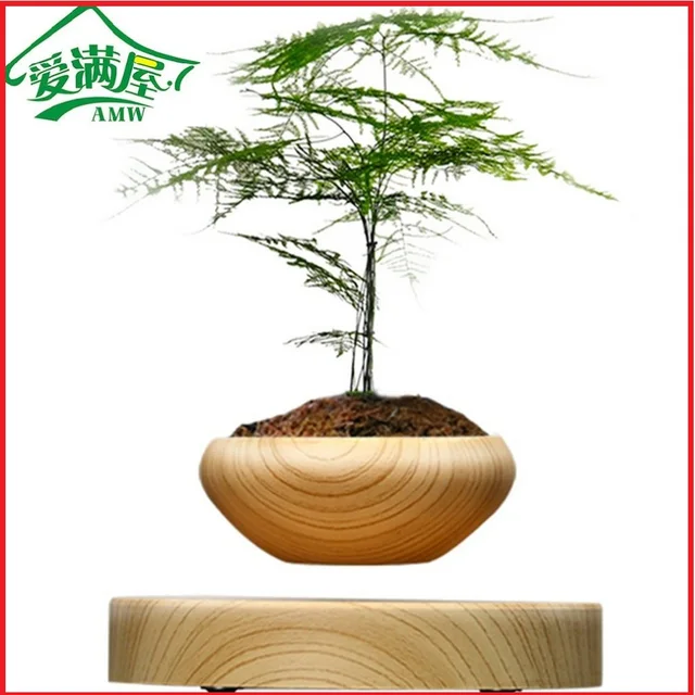 AMW Magnetic Suspended Potted Plant Wood Grain Round LED Levitating Indoor Air Plant Pot for Home and Office Decoration No Plant