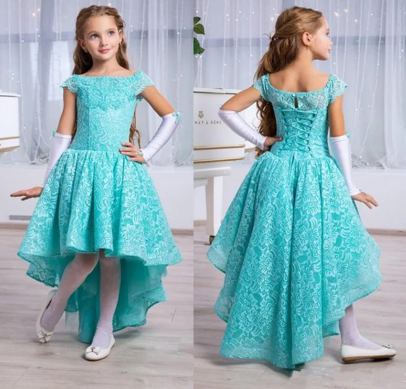 

Unique and Soft Lace High Low Girls Pageant Gowns with Cap Sleeves Lace Up Back Custom Made Flower Girl Dress For Wedding Longo