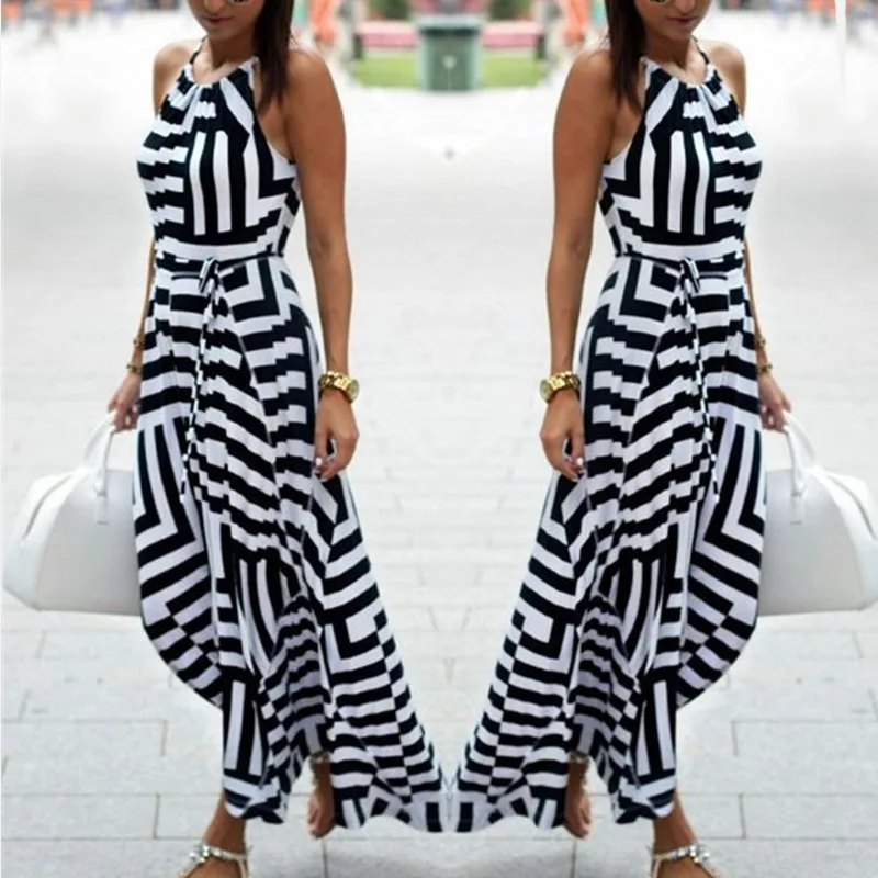 

Striped Women Boho Maxi Long Dress Hight Waist Sleeveless Black A-line Sashes Lady Beach Dresses Summer Print Female Sundress