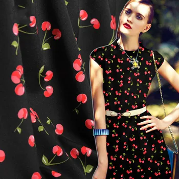 

Cherry printed black silk stretch heavy weight 30mm heavy crepe fabric Mulberry silk / spandex stretch fabric clothing new