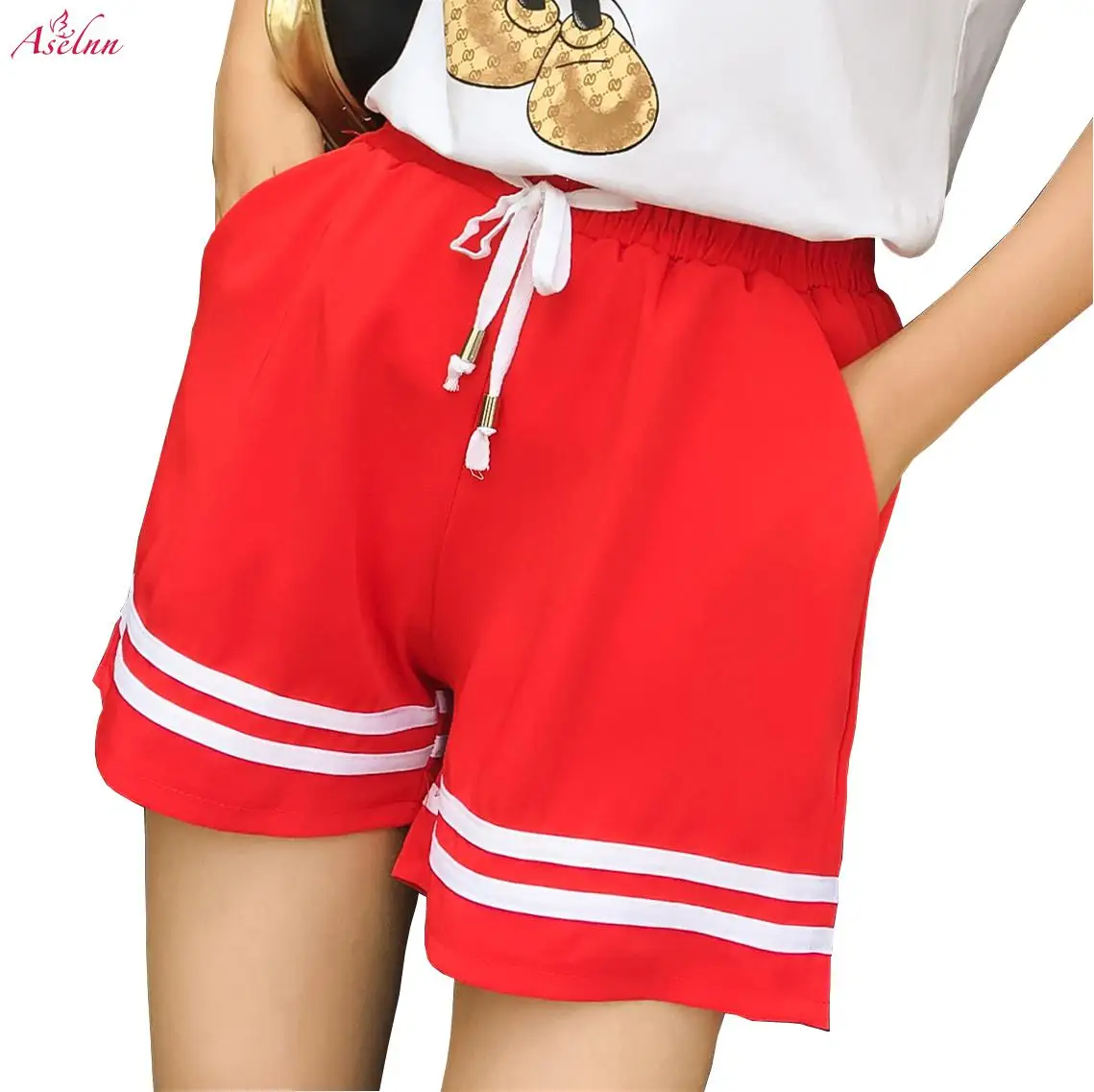 Aselnn Summer Women Red Shorts New Casual Slim Wide Leg Thin capris