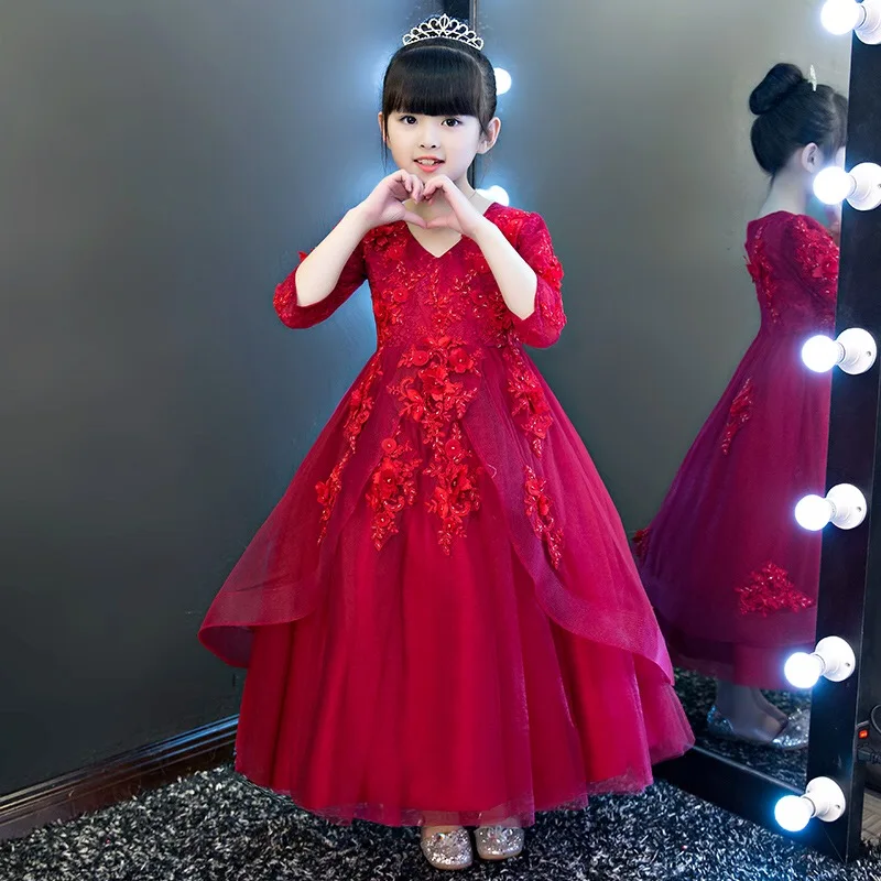 

New Wine Red Ball Gown Girls Party Dress Elegant Lace Embroidery Sweet Kids Girls Dress Flowers Girls Dress For Wedding Birthday