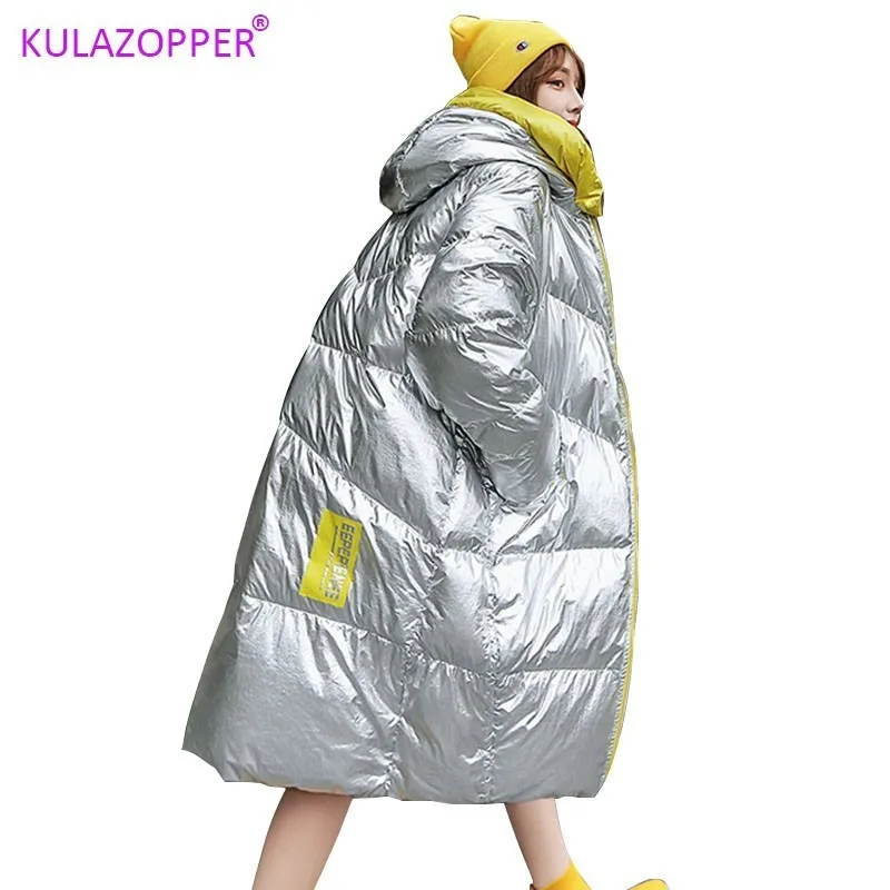 

KULAZOPPER Silver down jacket woman 2019 winter new thicken outwear long hooded loose outside keep warm coats female LZ025