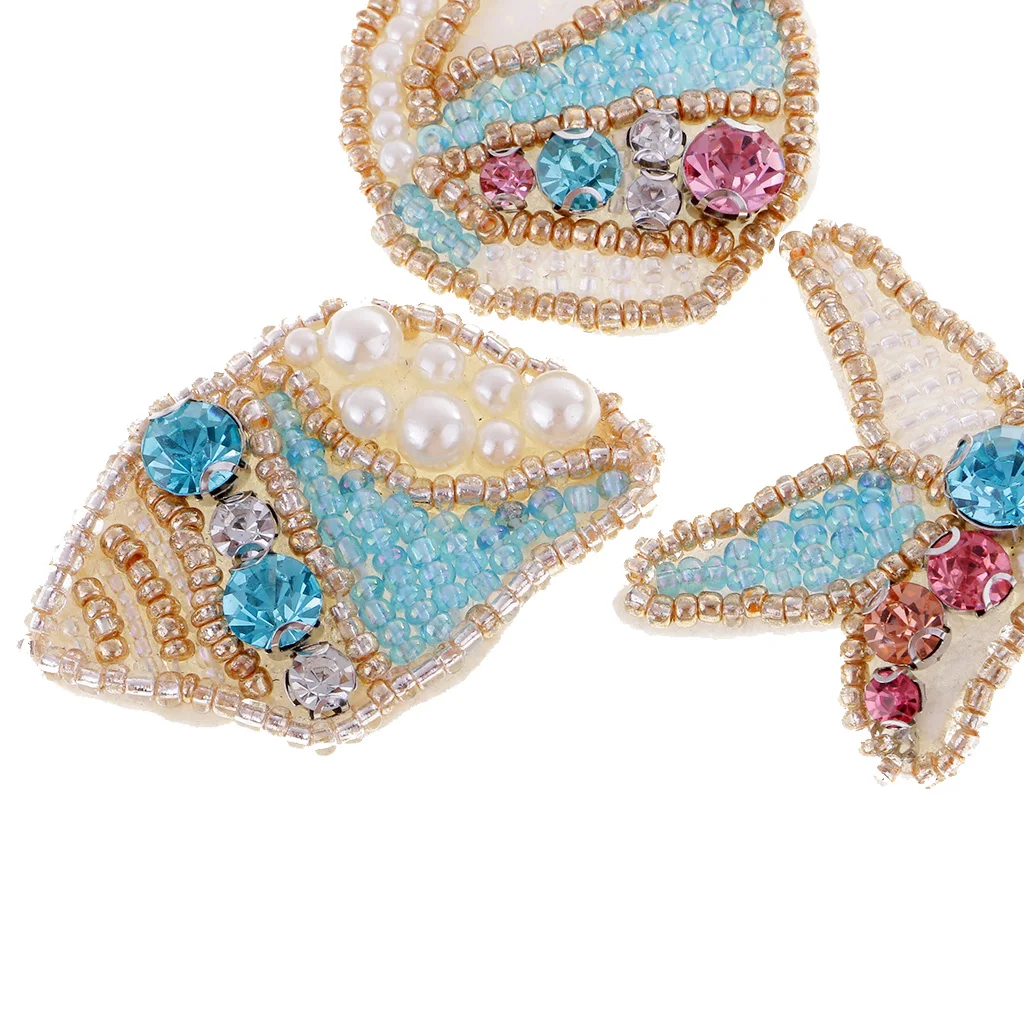 3Pcs Sew on Iron on Rhinestone Pearl Patch Beaded Starfish Conch Transfer Badge Applique for Clothes Bag Hat Craft Decor DIY
