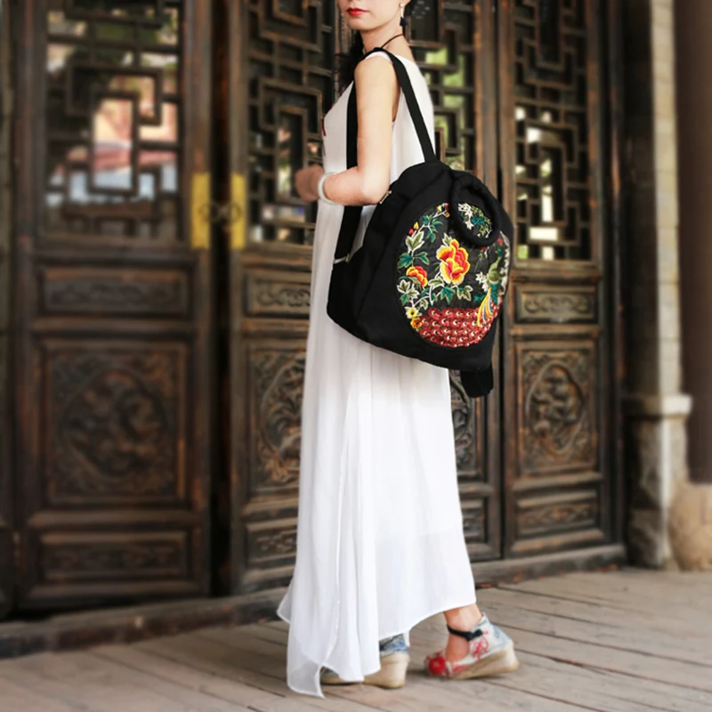 ETAILL Flower Animal Peacock Embroidered Backpacks for Girls Female Embroidery Travel Bags Schoolbag Backpacks Rucksack Mochila