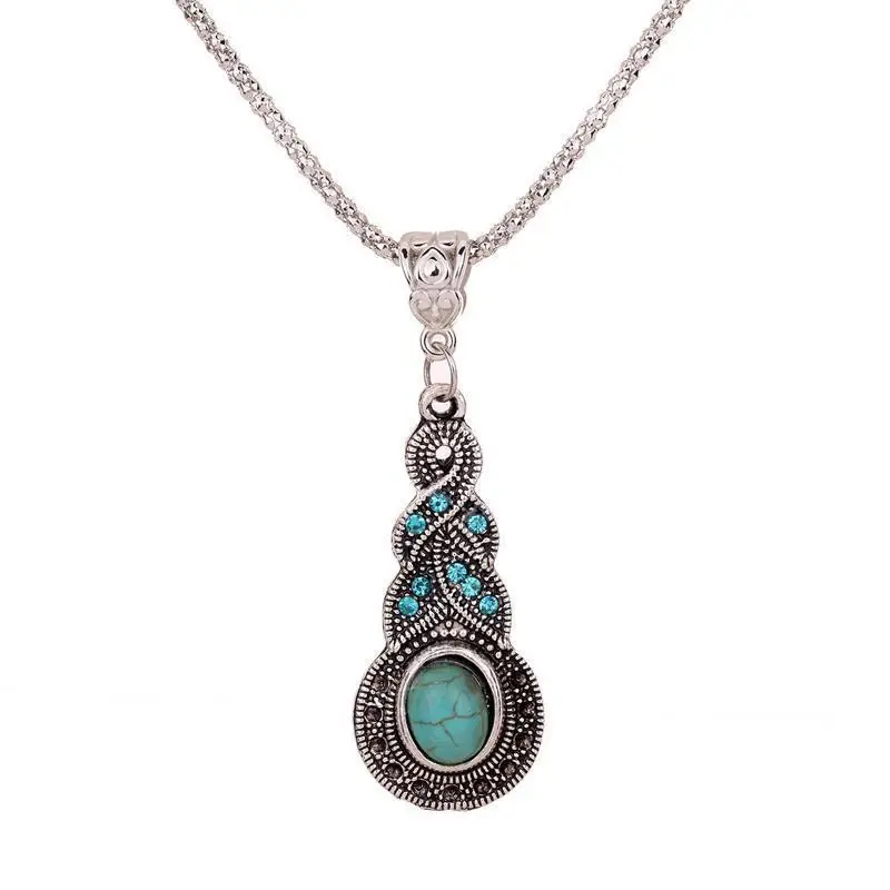 Vintage Charms Women Silver Long Chain Ethnic Tibetan Crystal Turquoise Water Drop Shape Pendant Necklace Bohemian Jewelry