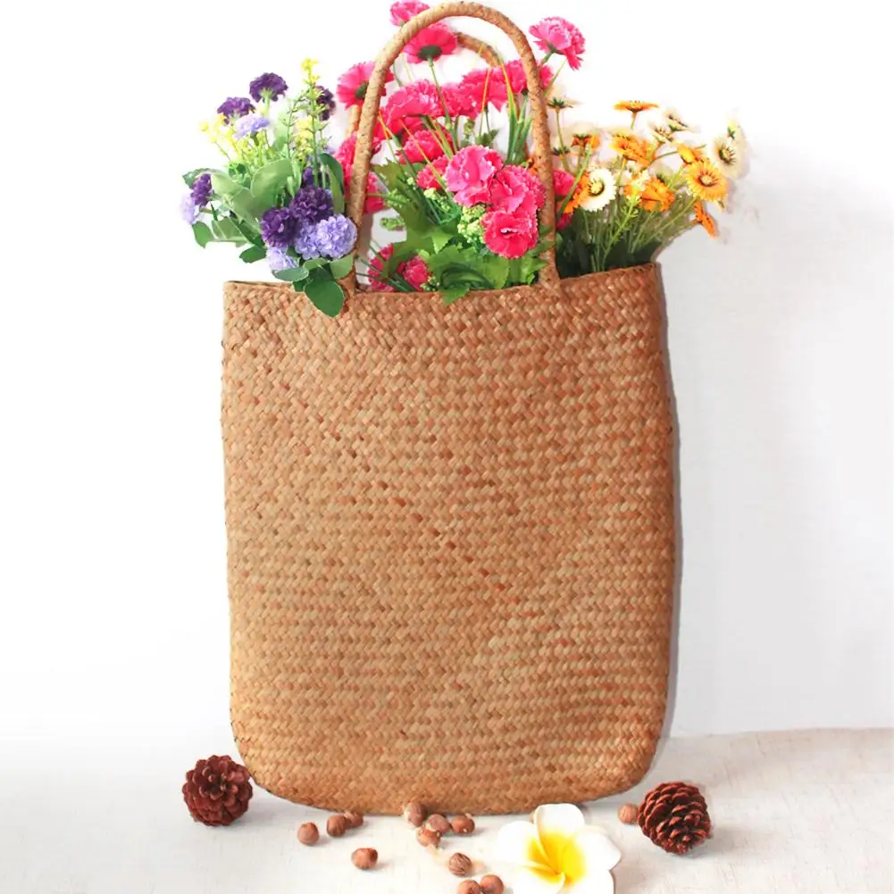 

Beach Style Hand Woven Large Rattan Straw Bag Flower Basket Storage Tote Shoulder Bags Braided Bag For Women Female Girl Handbag