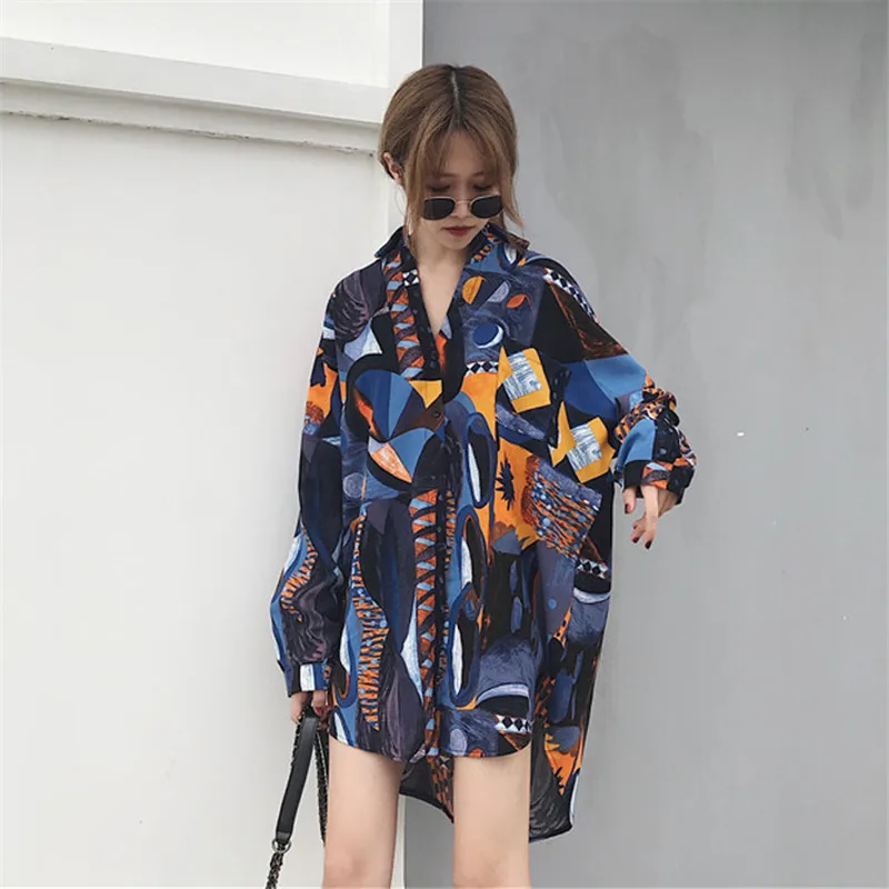 

Summer Women Blouses 2019 Spring New Fashion Loose Long Sleeve Printing Tops Medium long Slim Slimming Blouses Shirts WIN891