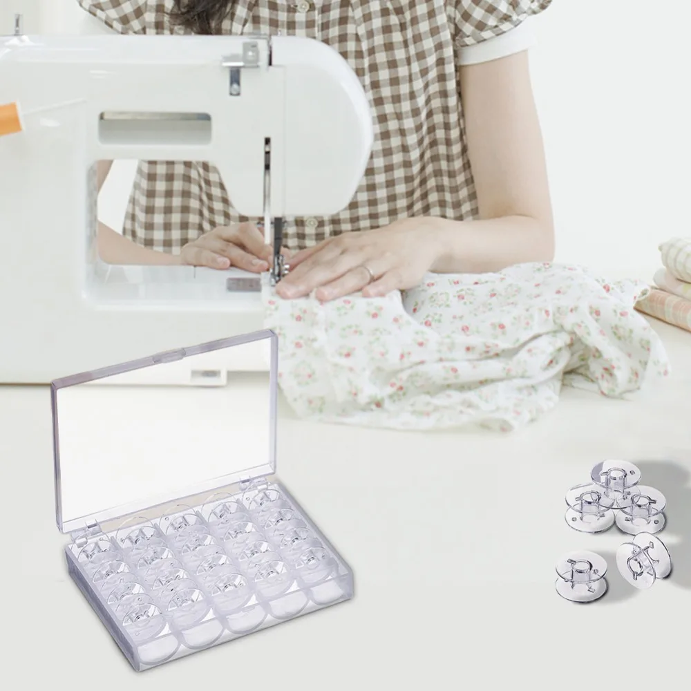 

25Pcs Stainless Steel Sewing Machine Bobbins Spools Empty Bobbins Spools Sewing Machine Plastic Storage Box