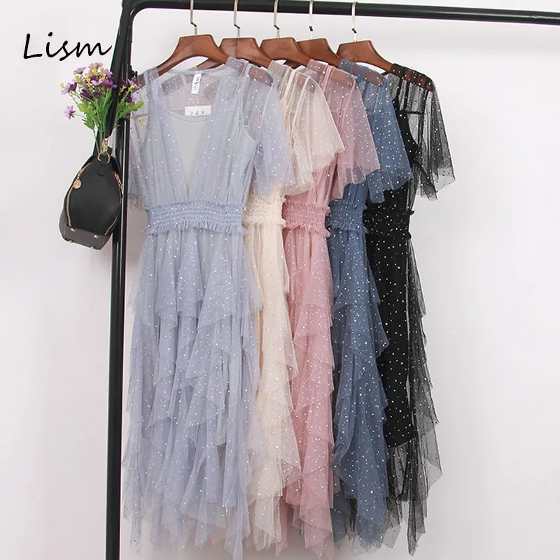 

LISM Asymmetrical High Waist Cascading Ruffle Tulle Sundress 2019 Elegant Summer Beach Female Dress Spaghetti Strap 2 Piece Set