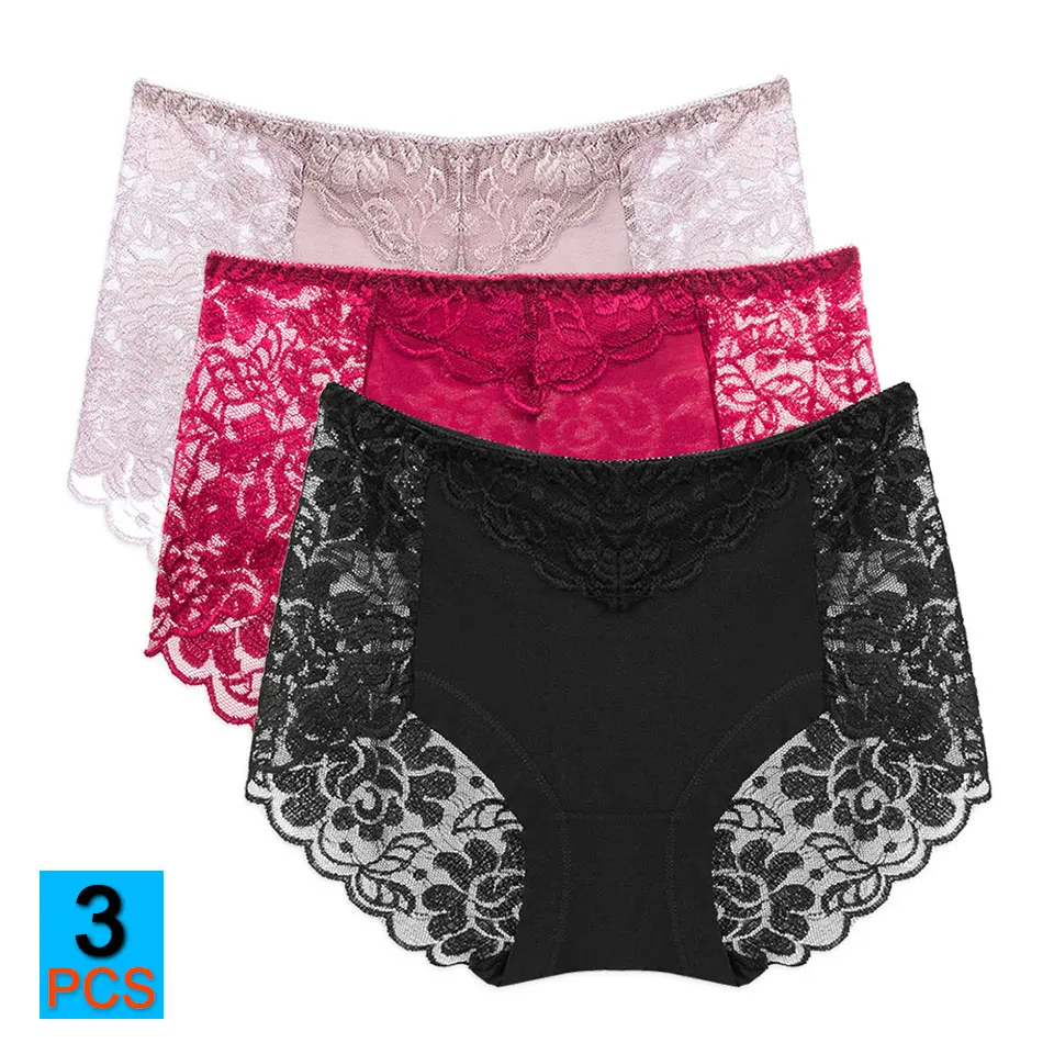 3Pcs/Lot Sexy Full Lace Panties Women High Waist Briefs Female Seamless Underwear Solid Color Breathable Lingerie M-3XL Big Size 3Pcs/Lot Sexy Full Lace Panties Women High Waist Briefs Female Seamless Underwear Solid Color Breathable Lingerie M-3XL Big Size