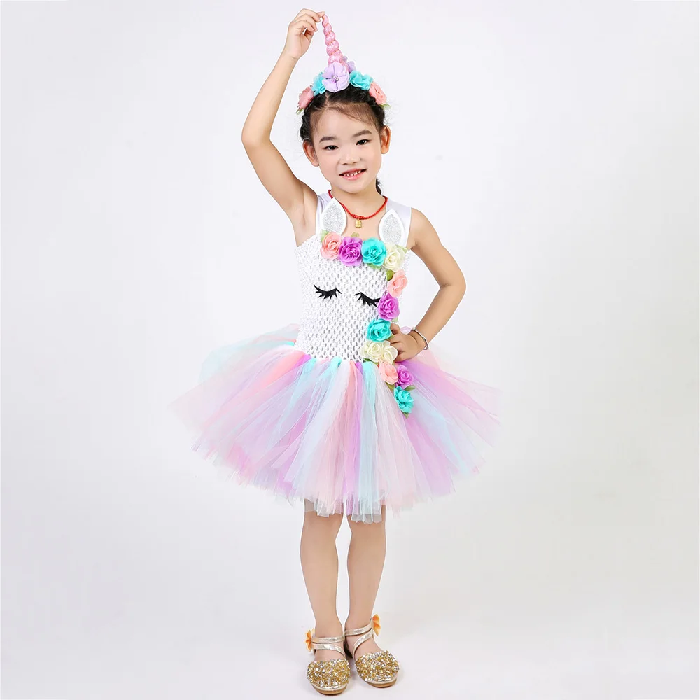 Pastel Clothes Knee Length Flower Children Girls Unicorn Tutu Dress Rainbow Princess Sleeveless Little Kids Pony Dress Vestido 8 (9)