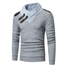 Новинка, мужские свитера, модный однотонный кожаный свитер с воротником и пряжкой, тонкий свитер с длинными рукавами, мужской вязаный пуловер