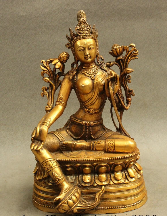 

[old craft ] 10" Old Chinese Bronze Buddhism Lotus GuanYin Kwan-Yin Green Tara Goddess Statue (A0314)