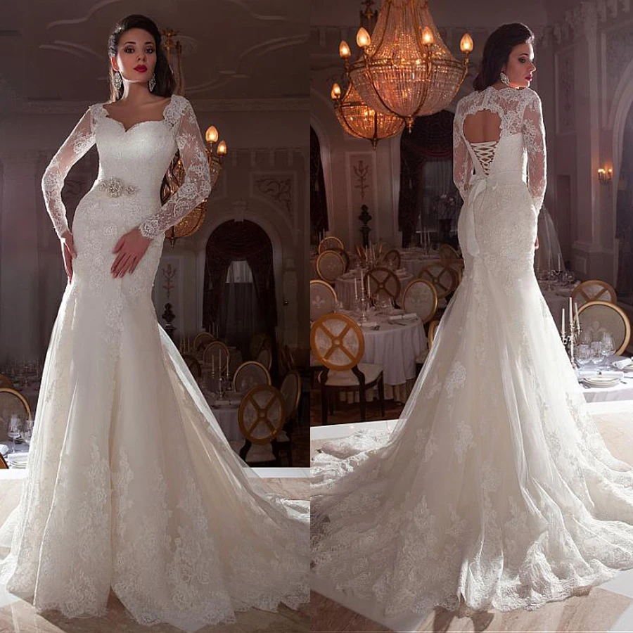 

Gorgeous Tulle Queen Anne Neckline Mermaid Wedding Dresses with Lace Appliques 3/4 Sleeves Bridal Gowns with Beading Sash