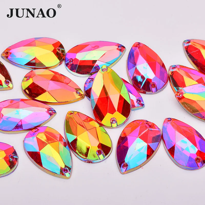 

JUNAO 17*28mm Sewing Red AB Teardops Rhinestone Applique Large Crystal Stones Sew Strass Crystal Flatback Acrylic Gems Crafts