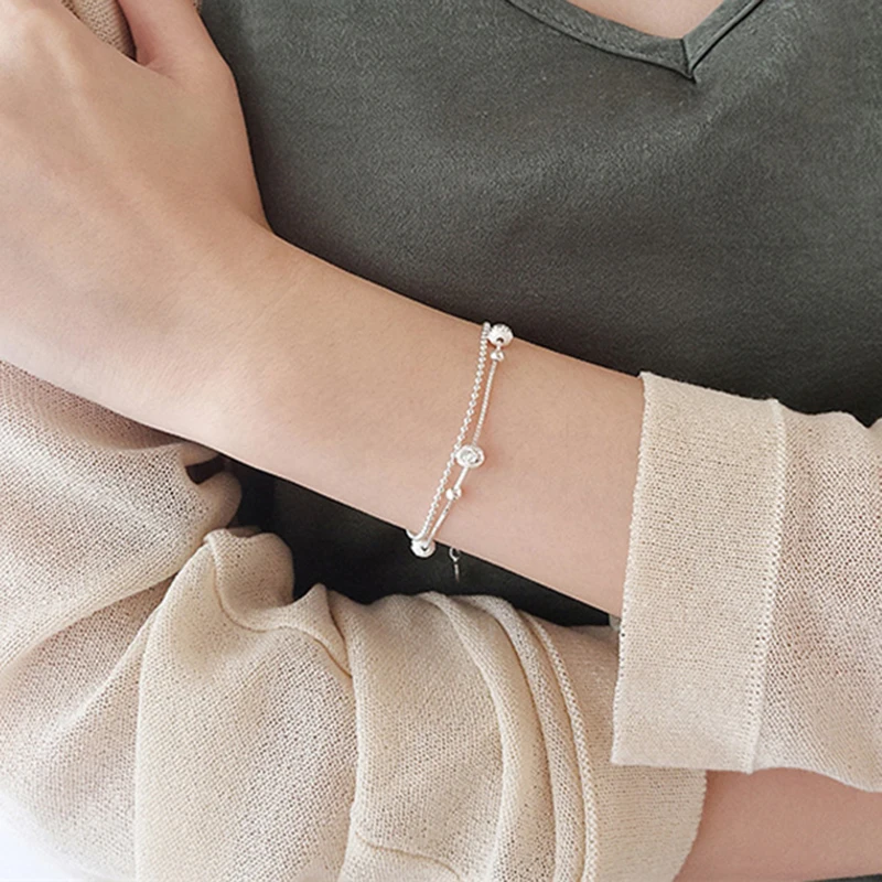 

2018 Newest Silver Charm Double Bead Bracelet Silver Transport Bead Bracelet Female Fashion Accessories 925 Sterling Jewelry
