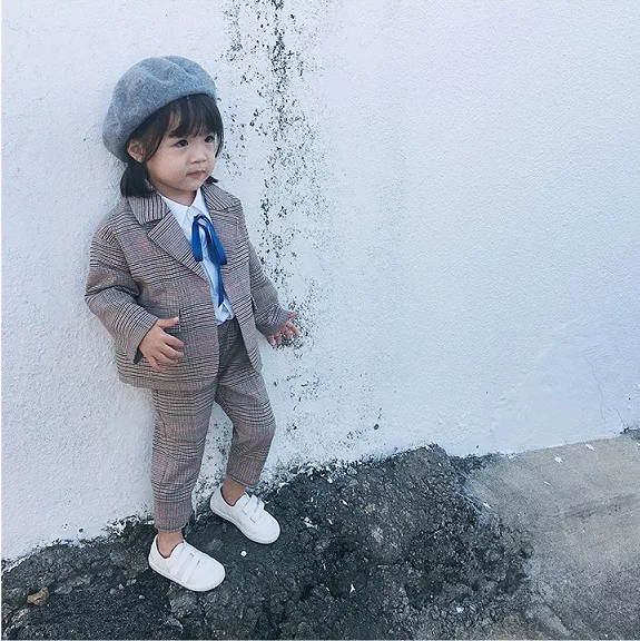 Promo  2019 baby spring autumn clothes for children clothing set long sleeve plaid jacket+pants 2pieces ki