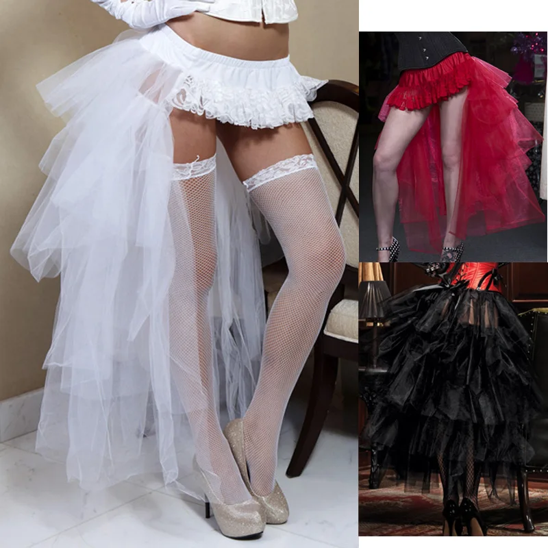 Готическая Сексуальная кружевная многоярусная юбка из тюля, многослойная сетчатая юбка-пачка с длинным хвостом, танцевальный костюм, плиссированная юбка для сцены