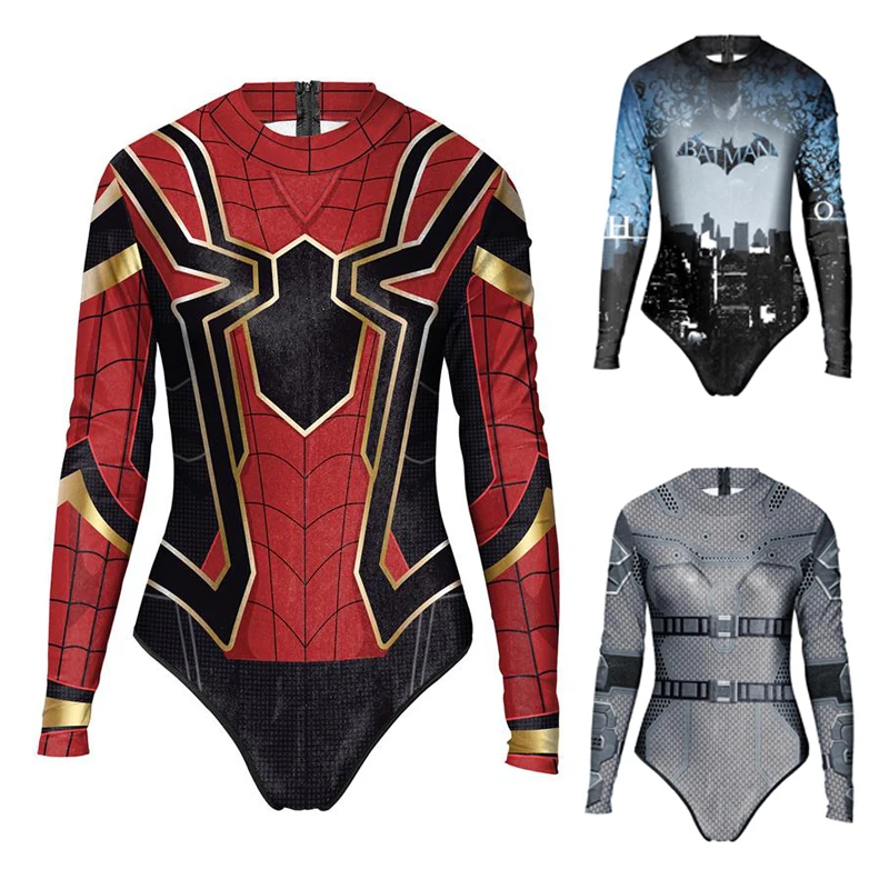 

2019 New Summer Sexy Girl Long Sleeve Spiderman Batman Swimwear Bodysuit 3D Prints One Piece Women Swimsuit Sport Bathing Suit