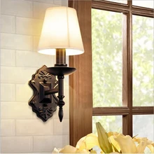 WOERFU American Country Wall Lamp Modern Wrought Iron Lighting E14 Fabric Single Double Head Indoor Wall Lamp