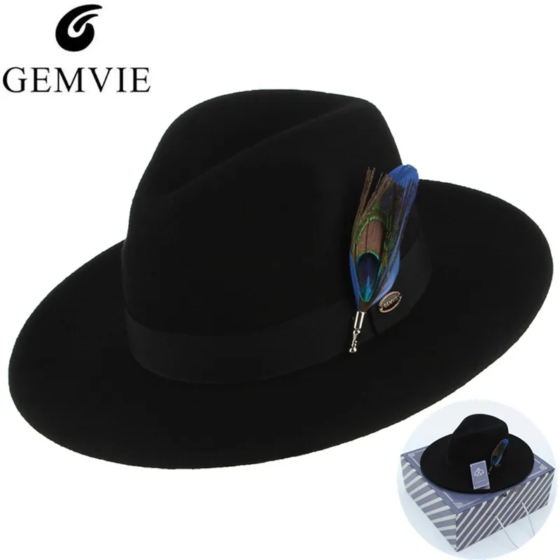 

GEMVIE Fedoras Hat Classical Wool Felt Fedora For Men Women Black Wide Brim 100% Wool Panama Hat Gentleman Jazz Cap With Feather