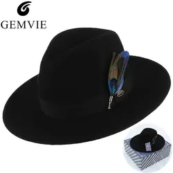 GEMVIE шляпы фетровые для женщин шляпа Классическая шерсть фетр Fedora для мужчин Женский, Черный широкими полями 100% шерсть Панама джентльмен