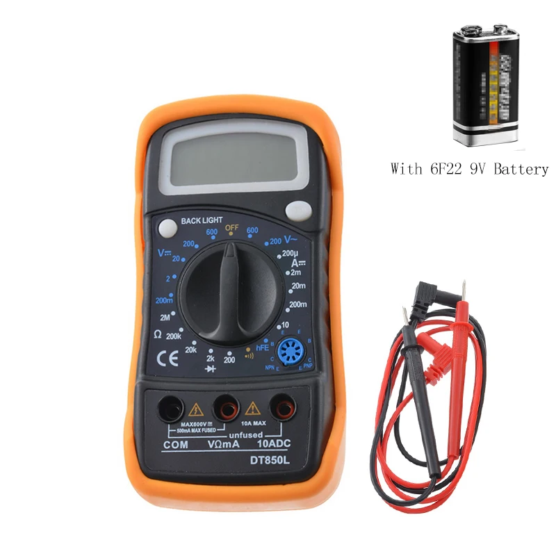 

DT830L/DT850L Portable Digital Multimeter Backlight AC/DC Ammeter Voltmeter Ohm Tester Meter Handheld LCD Multimetro With Probe