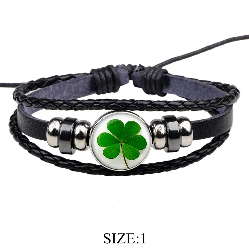 

Lucky Clover Shamrock Art Picture Glass Cabochon Black Leather Bracelet Multi Layer Braided Bracelet Men Women Fashion