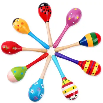 

Colorful Wooden Cartoon Ball Toy Sand Baby Rattles Handle Music Toys Musical Instruments Infant Toddler Toys Random Color
