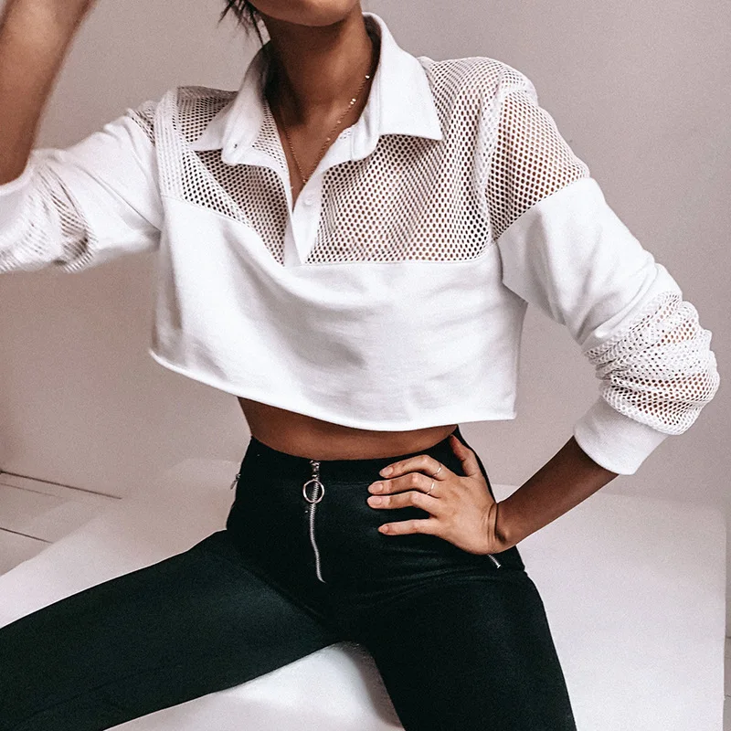 Fitshinling 2019 Autumn Mesh Patchwork Sweatshirt Female Crop Top Hollow Out Slim White Hoodies Women Sweatshirts Streetwear Hot Fitshinling 2019 Autumn Mesh Patchwork Sweatshirt Female Crop Top Hollow Out Slim White Hoodies Women Sweatshirts Streetwear Hot