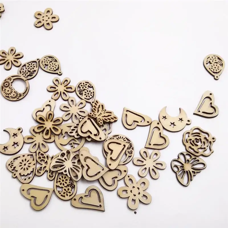 50pcs Mix Laser Cut Wooden Pendant Decorative DIY Craft Wood Pendant Jewelry Earing Making Sewing Buttons Natural Material A3