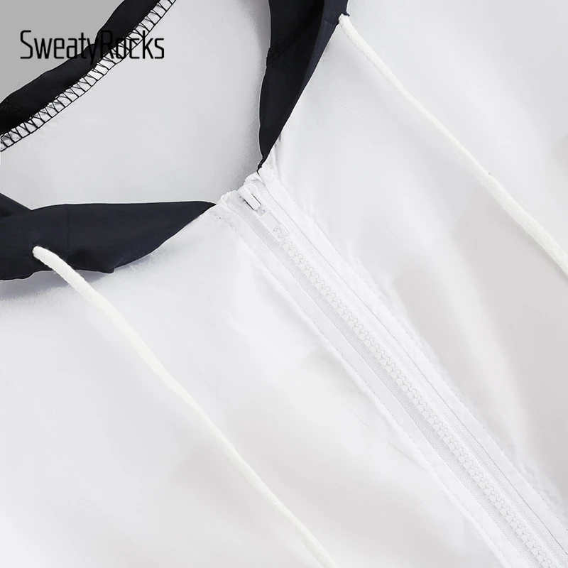 SweatyRocks عارضة اللون كتلة الرباط تنحنح مقنعين سترة سستة تصل طويلة الأكمام جاكيتات 2018 الخريف المرأة الرياضية قميص
