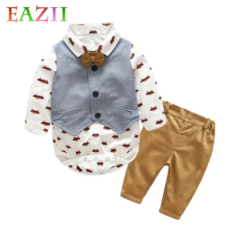 

EAZII 3PCS/Pack Baby Boy Clothes Baby Boy Clothing Sets 2019 Spring Gentleman Infant Cotton Cartoon Tie Rompers+Vest+Pants
