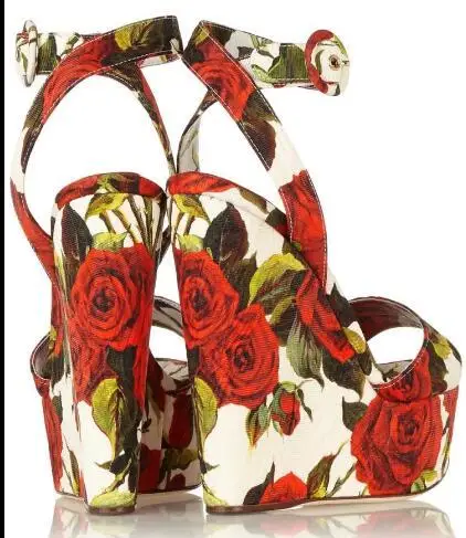 

new summer red rose flower leather open toe high wedge sandal buckle high platform rose flower wedge sandal real photos