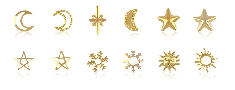 17 типов золотые заклепки шипы для ногтей 3D смешанный дизайн сплав металлический ломтик полый Луна Звезда Seashell в колесе для DIY украшения ногтей