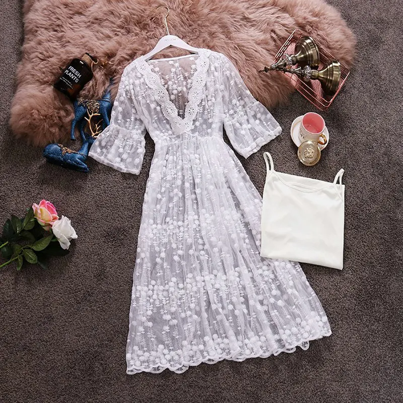 

HISUMA Summer New women's deep V-neck short sleeve waist lace A-line dress female V collar elegant two piece set dresses