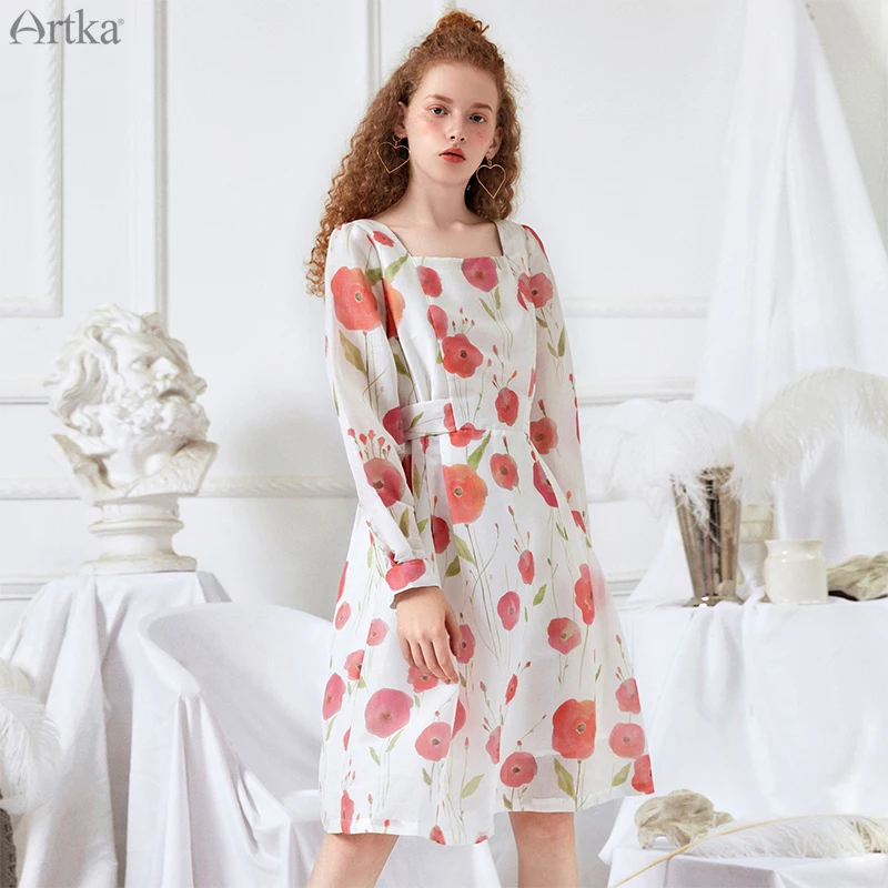 

ARTKA 2019 Spring Women Dresses Vintage Long Sleeve Dress A-Line Belt Mid-Length Women Dress Flower Printing Dresses LA10492C