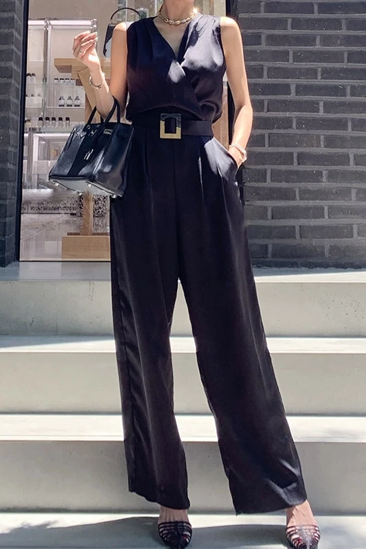 summer elegant new slim jumpsuit sleeveless with belt runway office lady bodysuit Romper