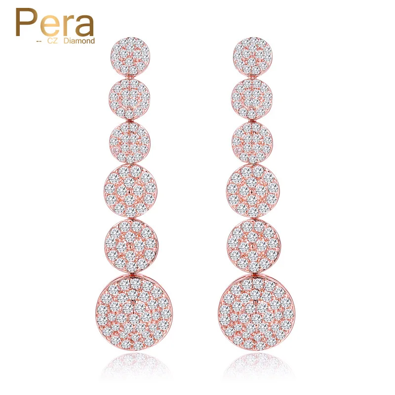 

Pera Fashion Famous Design Big Round AAA+ Cubic Zirconia Pave Long Dangling Drop Earrings Rose Gold Color Jewelry For Party E296