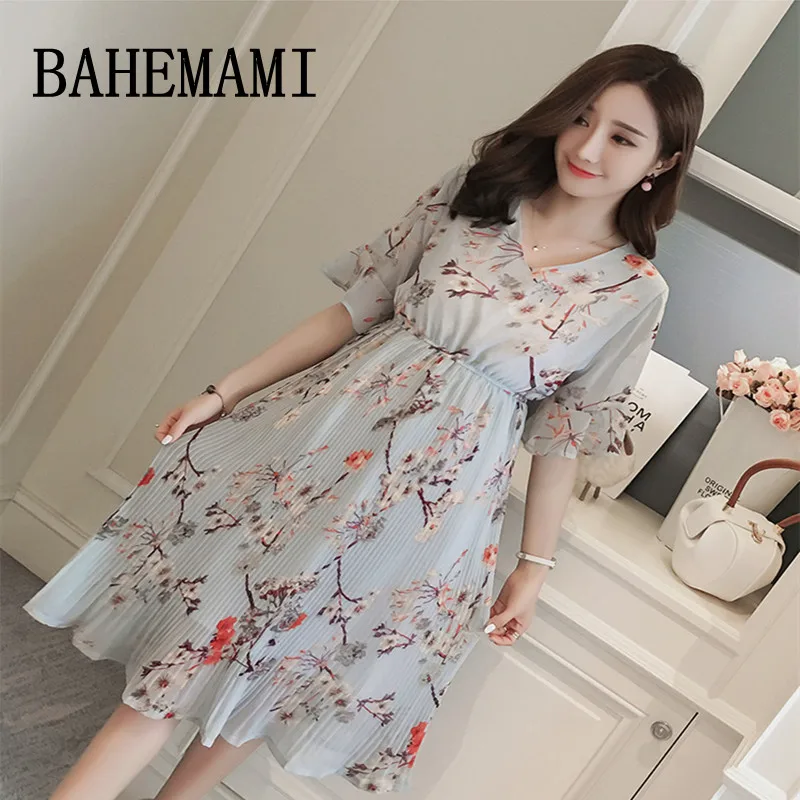 BAHEMAMI Maternity dress new 2018 summer Pregnancy clothing V-neck chiffon Maternity print pleated dresses for Pregnant Women BAHEMAMI Maternity dress new 2018 summer Pregnancy clothing V-neck chiffon Maternity print pleated dresses for Pregnant Women