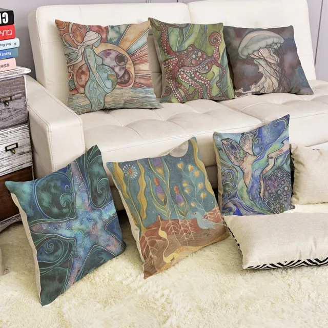 18 Square Ocean Life Oil Painting Linen Home Decor Pillows Starfish 18 Square Ocean Life Oil Painting Linen Home Decor Pillows Starfish Octopus Jellyfish Sofa Throw