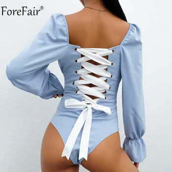 

ForeFair Women Summer Flare Long Sleeve Bodysuit Backless Sexy Bandage Black White Bodysuits Womens Romper 2019 Square Collar