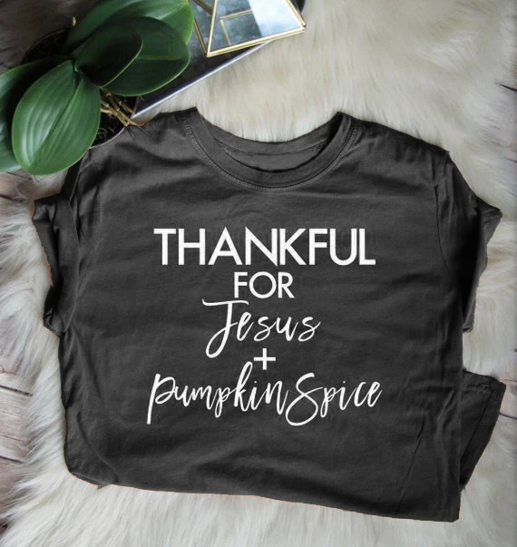 Летняя стильная качественная хлопковая футболка с надписью «Thankful For Jesus and Pumpkin Spice», модные костюмы