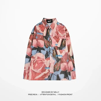 

Fashion Couple Vintage Flower Print Shirt Harajuku Long Men Streetwear Shirts Personality Casual Spring Cotton Mens Dress Shirts
