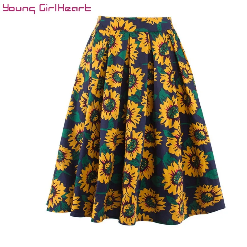 Summer Women Sunflower Floral Print Pleated Skirt Ball Gown Vintage